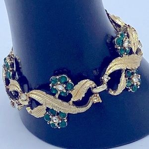 Vintage CORO Signed Gold Tone Bracelet Green And Clear Rhinestones Floral Design